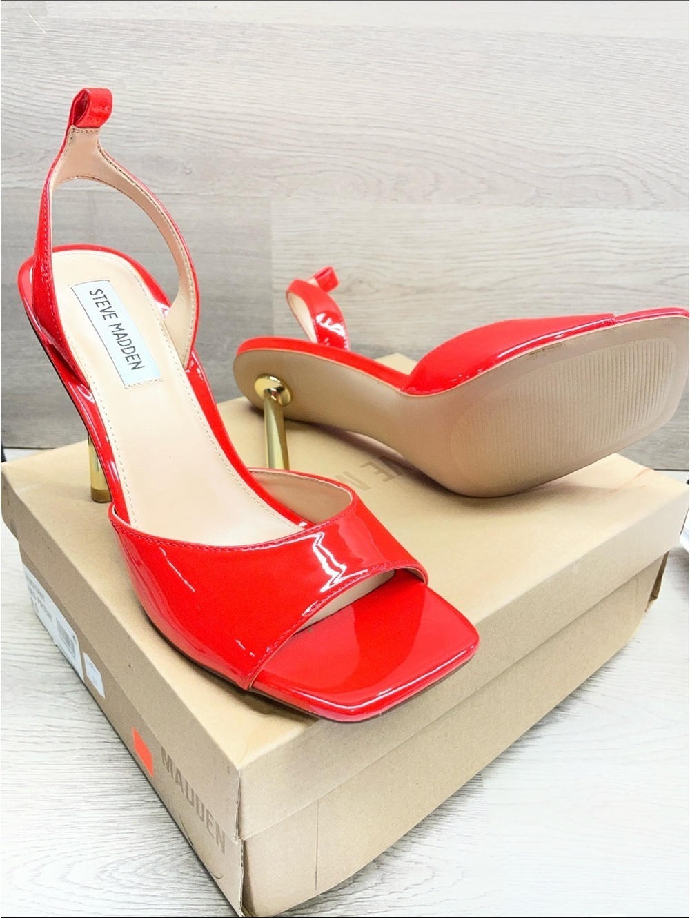 Steve Madden Red Patent Open-Toe Slingback Heels with Gold Accent (Defect) #971